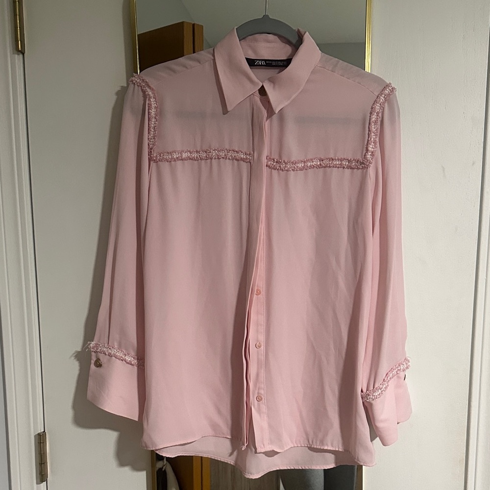 Zara Light Pink Blouse with Tweed Detail